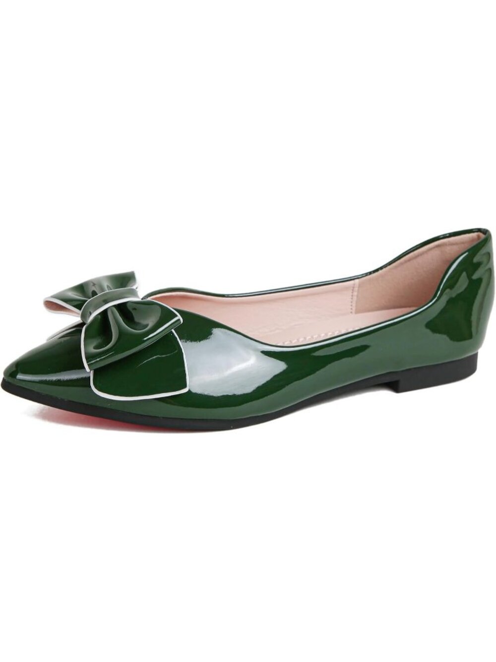 Women's Blackish Green Leather Comfortable Bow Pointed Toe Slip On Flats Shoes